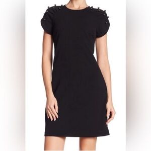 Betsey Johnson Dress Faux Pearl Shoulder Detail Plus Size 16 Black Ruched Beads